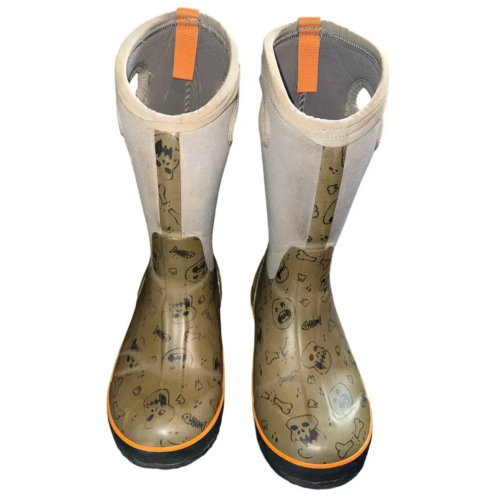 BOGS K Classic Bones Skull Halloween Green Waterproof Boots Youth - size 4 R 11